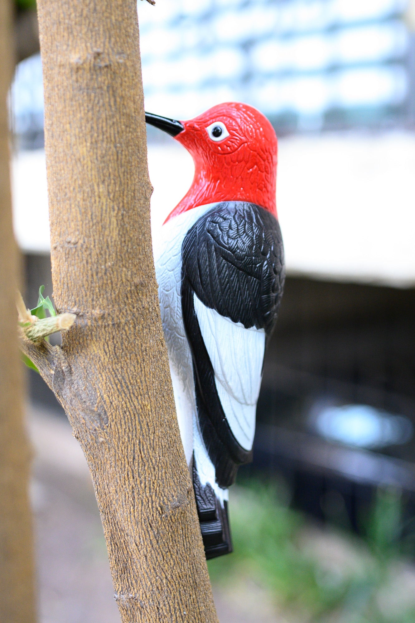 Woodpecker Tree Ornament Decoy Plastic & Metal Decorative Deterrent & Repeller- Easy to Mount-House, Tree or Gift 9" Tall